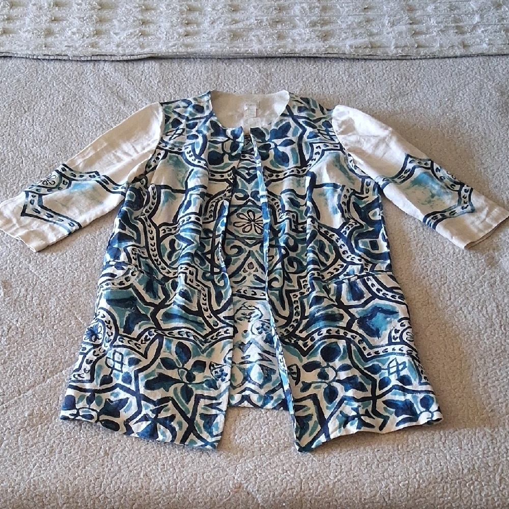 Chico's Linen Blue and White Patterned Jacket